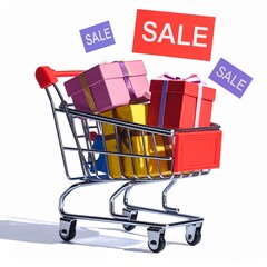 Colorful gifts in a shopping cart with sale signs during holiday season