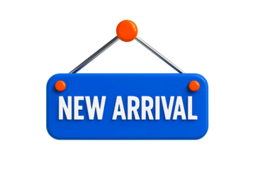 Bright blue rectangular sign with new arrival text in white letters hanging by two strings from an orange button isolated on transparent background