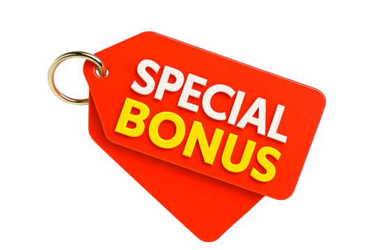 Bright red sale tag with the words special bonus in white and yellow text isolated on transparent background