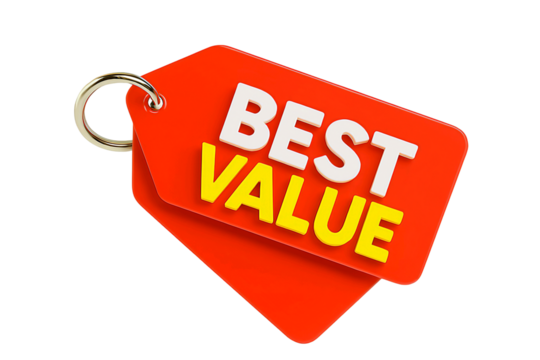 Bright red price tag with the words best value in white and yellow text isolated on transparent background