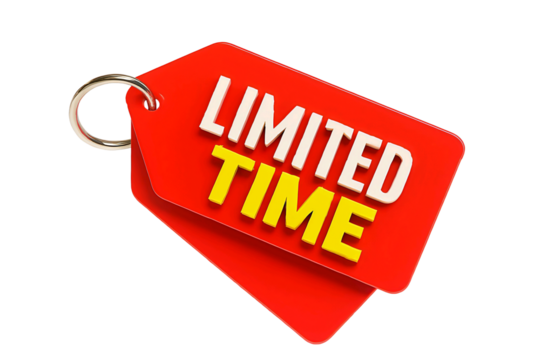 Bright red sale tags with the words limited time in white and yellow text on a transparent background isolated on transparent background