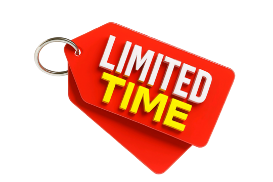 Red sale tag with the words limited time in white and yellow letters isolated on transparent background