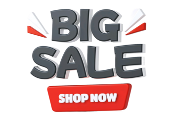 Bold 3d text big sale announcement with shop now button isolated on transparent background