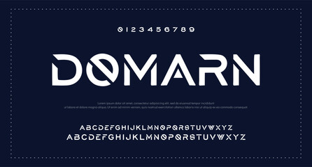 Tech font, digital alphabet, thin Latin letters A, B, C, D, E, F, G, H, I, J, K, L, M, N, O, P, Q, R, S, T, U, V, W, X, Y, Z and Arab numerals 0, 1, 2, 3, 4, 5, 6, 7, 8, 9 made in design cyber future