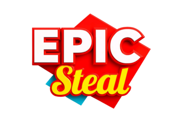 Bold red and yellow text graphic with the words epic and steal in a dynamic design isolated on transparent background