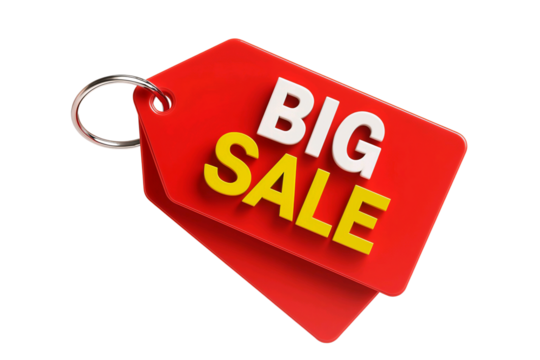 Red sale tag with bold white and yellow text reading big sale isolated on transparent background - Powered by Adobe