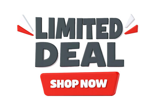 Bold 3d text limited deal shop now button with dynamic accents isolated on transparent background