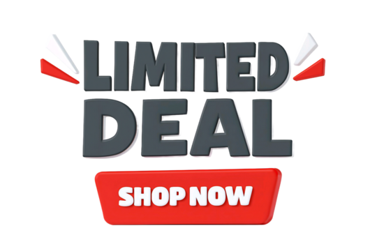 Bold 3d text limited deal shop now button with dynamic accents isolated on transparent background