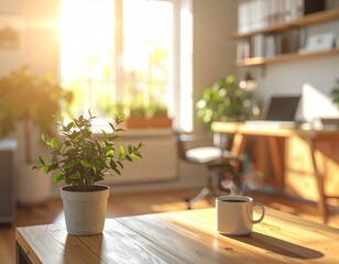 Bright morning in a home office with a laptop and plants on the desk enhancing productivity and comfort