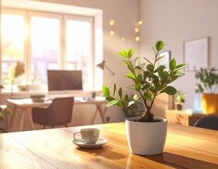 Bright morning in a home office with a laptop and plants on the desk enhancing productivity and comfort