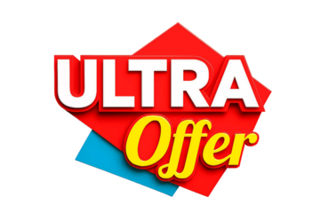 Bold red diamond shape with white ultra text and yellow script offer text isolated on transparent background