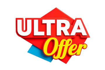 Bold red and yellow ultra offer sign with white lettering and a blue accent isolated on transparent background