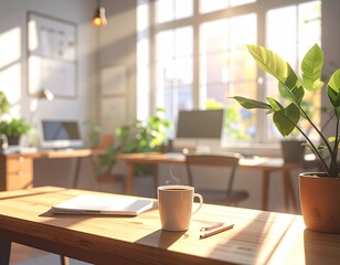 Bright morning in a home office with a laptop and plants on the desk enhancing productivity and comfort