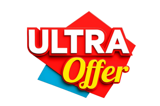 Bold red diamond shape with white ultra text and yellow script offer text isolated on transparent background