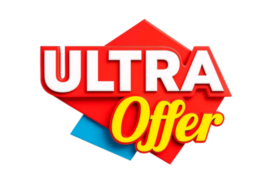 Bold red and yellow ultra offer sign with white lettering and a blue accent isolated on transparent background