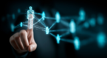 Businessman finger pointing at glowing digital network connecting people on virtual touchscreen technology.