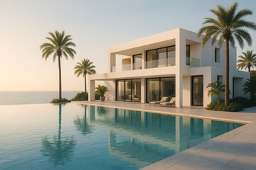Fototapeta premium Elegant Contemporary Beachfront House with Palm Trees and Reflections in Pool Water