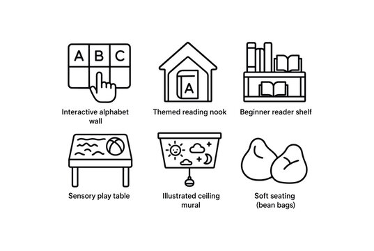 simple outline stroke icon isolated on white background interactive alphabet themed reading nook beginner reader shelf sensory play table illustrated ceiling mural soft seating bean bags