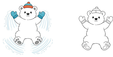 Cute Cartoon Polar Bear in Winter Hat and Mittens Making Snow Angels - Hand Drawn Vector Illustration