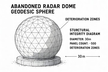 Abandoned Radar Dome with Peeling Paint and Rust for Urban Exploration Photography and History