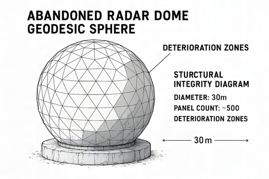 Abandoned Radar Dome with Peeling Paint and Rust for Urban Exploration Photography and History
