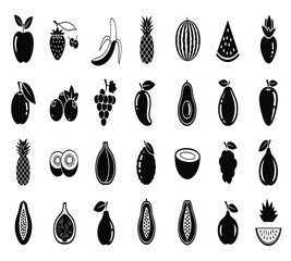A delightful array of fruit icons, isolated on white background, showcases a variety of natures sweet treats, from apples and bananas to pineapples and watermelons, all rendered in a simple, elegant 