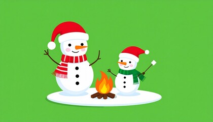 Fototapeta premium Cute Cartoon Snowmen Roasting Marshmallows by Campfire