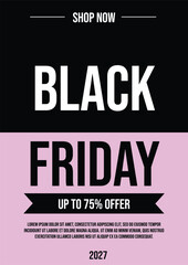 Black Friday sale poster template collection with bold typography, pink and black color scheme, discount offers up to 75% off, and modern promotional design.