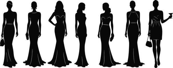 Fashion Women Silhouettes Dresses Gowns Cocktail Eveningwear Elegant Style Modeling Luxury Formal Party Event Illustration Design Art Chic Stylish