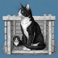 Whimsical illustration of a large black and white cat sitting proudly beside a smaller kitten in a rustic wooden cage