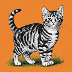 Adorable tabby kitten standing on green grass against a vibrant orange background