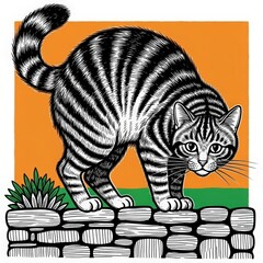 Whimsical illustration of a curious tabby cat with striped fur peeking over a stone wall