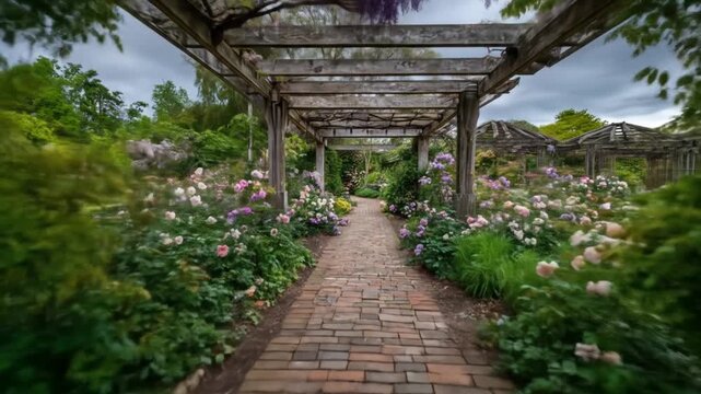 A serene garden scene with a brick walkway wooden arbor blooming flowers and a swing