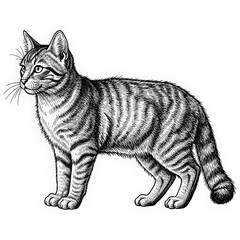 Vintage illustration of a tabby cat standing with its tail curled and whiskers extended