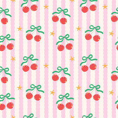 Cherry and Star on Striped Seamless Pattern Background
