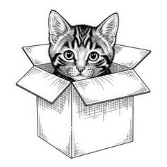 Adorable tabby kitten peeking out of an open cardboard box with curious eyes