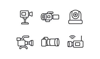 Fototapeta premium simple outline stroke icon isolated on white background mounted stage camera 4K handheld camcorder robotic PTZ camera shoulder rig camera telephoto camera wireless feed camera