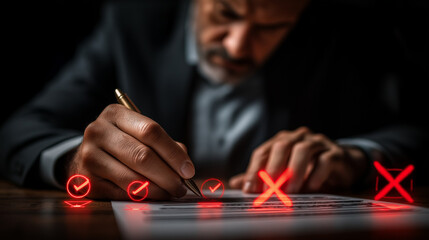 Businessman urgently addresses compliance failure document with red x marks in dark setting