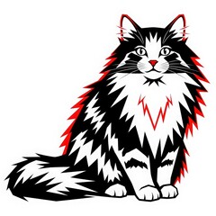 Fluffy black and white long haired cat with striking red accents sitting attentively on a white background