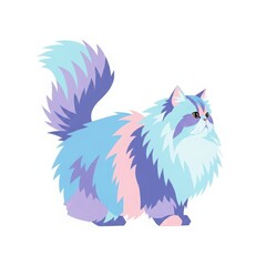 Whimsical fluffy long haired cat with pastel blue purple pink fur and bushy tail