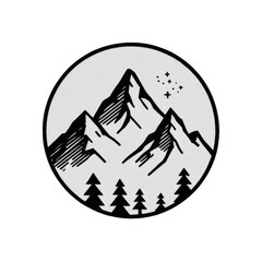 Black and white circular illustration of mountain peaks, trees, and stars, a nature-themed design.