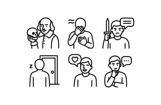 simple outline stroke icon isolated on white background Shakespeare soliloquy emotional breakdown speech revenge vow scene silent room confession love declaration monologue endgame