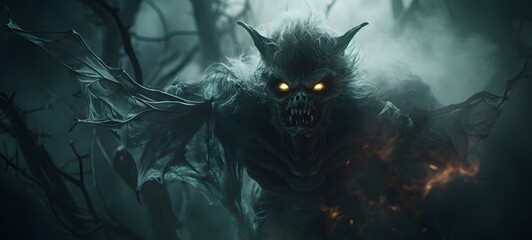 a light Bat Dryad Monster , coming out of the smoke,generative AI