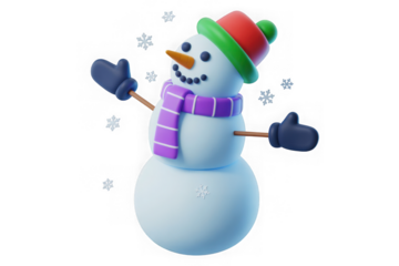 3d render snowman with christmas hat. Isolated on transparent background, png