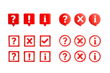 Collection of red warning and information icons including question marks exclamation points checkmarks crosses and info symbols isolated on transparent background