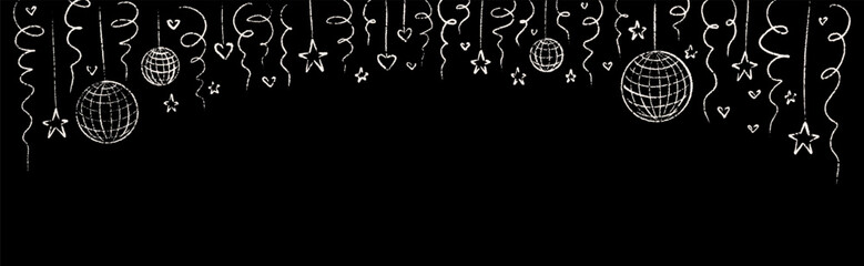 Disco party hand drawn doodle background with disco mirror ball, stars, hearts, serpentine. Chalk border scribble on the blackboard. Xmas, Christmas, New year, bachelorette celebration holiday pattern