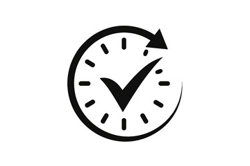 A stylized dark gray clock face with a checkmark symbol superimposed representing time management and completion isolated on transparent background