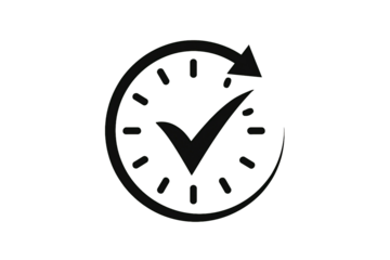A stylized dark gray clock face with a checkmark symbol superimposed representing time management and completion isolated on transparent background