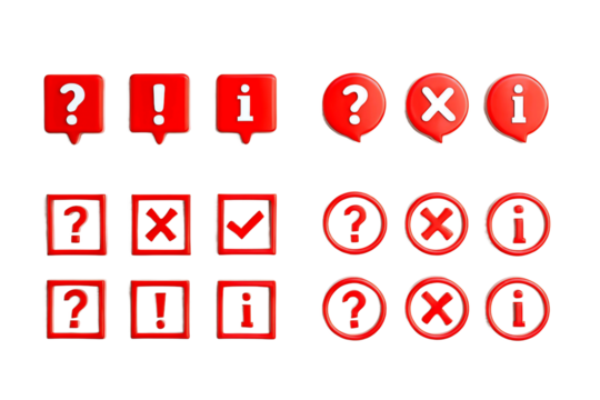 Collection of red warning and information icons including question marks exclamation points checkmarks crosses and info symbols isolated on transparent background