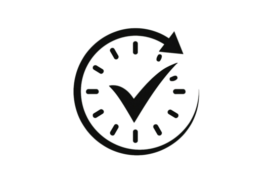 A stylized dark gray clock face with a checkmark symbol superimposed representing time management and completion isolated on transparent background